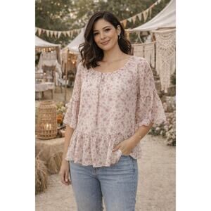 Via Signoria 100% Silk Pink Floral Half Sleeve Peasant Ruffle Women Top M
